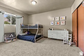 Wall-to-wall carpeting, window with outdoor scenery, ceiling-mounted light fixture, and sliding closet doors