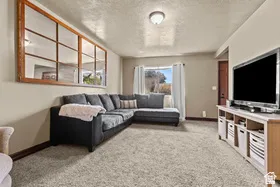 Carpeted living area with a rectangular window, recessed window, and flush mount ceiling light
