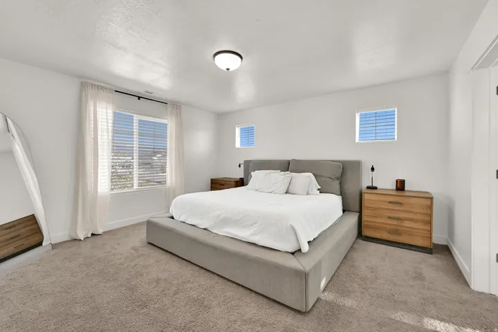 Neutral-toned carpeting, white walls, and a ceiling-mounted light fixture