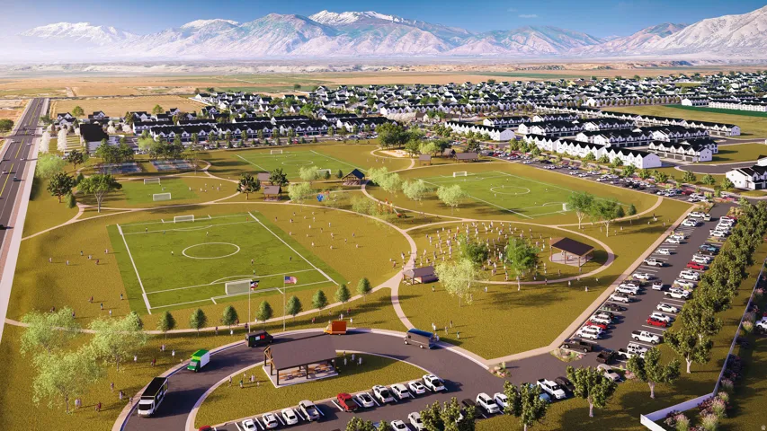 Community featuring multiple sports fields, paved pathways, open green spaces, and ample parking
