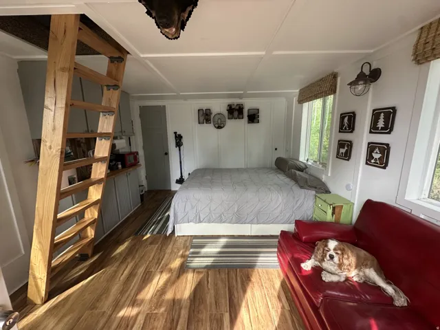 Wood-finish flooring throughout, white paneled walls, and a built-in wooden ladder for loft access