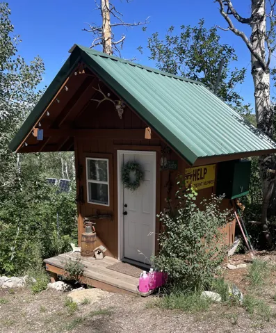 Wood-sided structure featuring a green metal roof and a small wood deck
