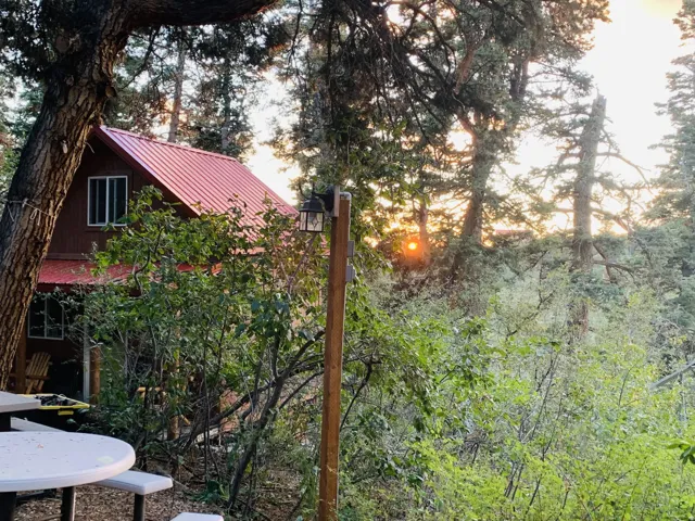 A-frame exterior with a red metal roof and natural wood siding