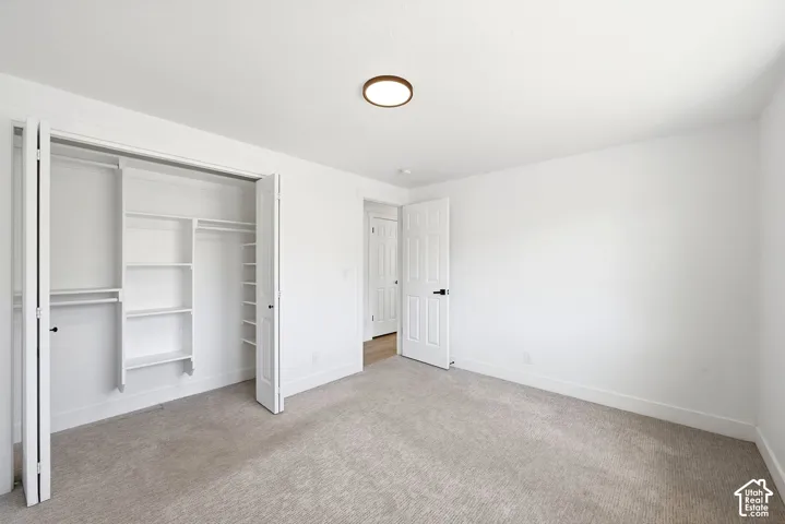 Neutral tone wall paint, flush mount ceiling light, carpet flooring, bi-fold closet doors, and interior paneled door with dark hardware