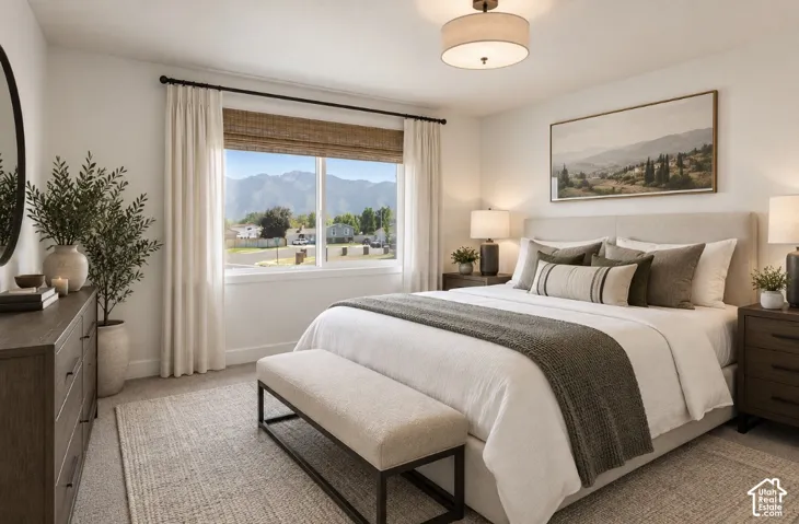 Primary bedroom suite with large dual-pane windows framing mountain scenery, neutral wall finishes, wood-finish nightstands with integrated lighting, upholstered headboard, and plush bedding layered with a textured throw blanket