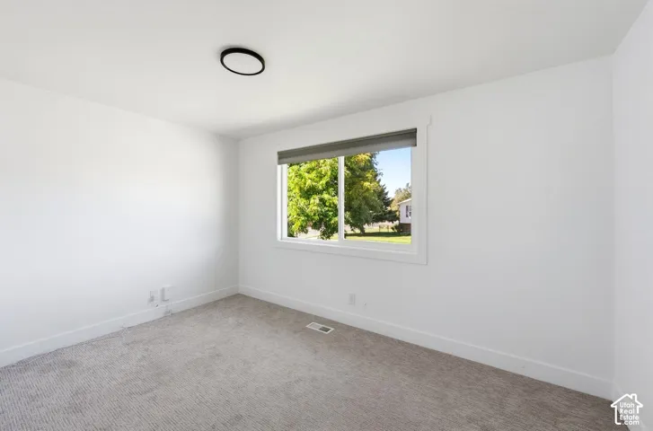 Neutral wall paint, carpet flooring, a window with roller shade, and a flush mount ceiling light