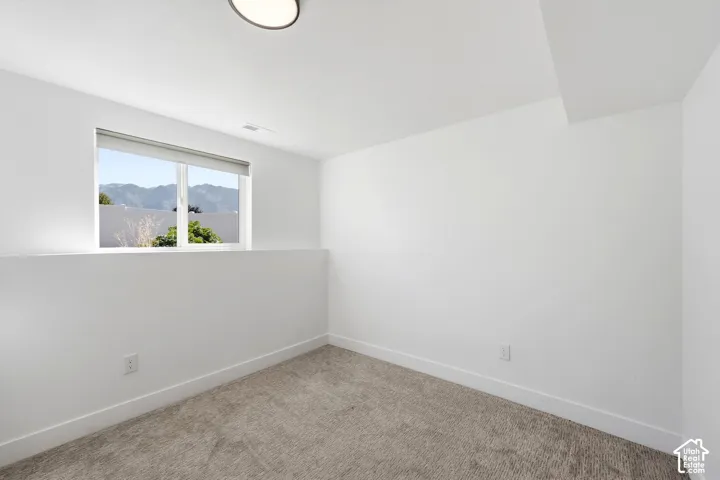 Carpeted room with a flush-mount ceiling light, white walls, and a window with roller shades