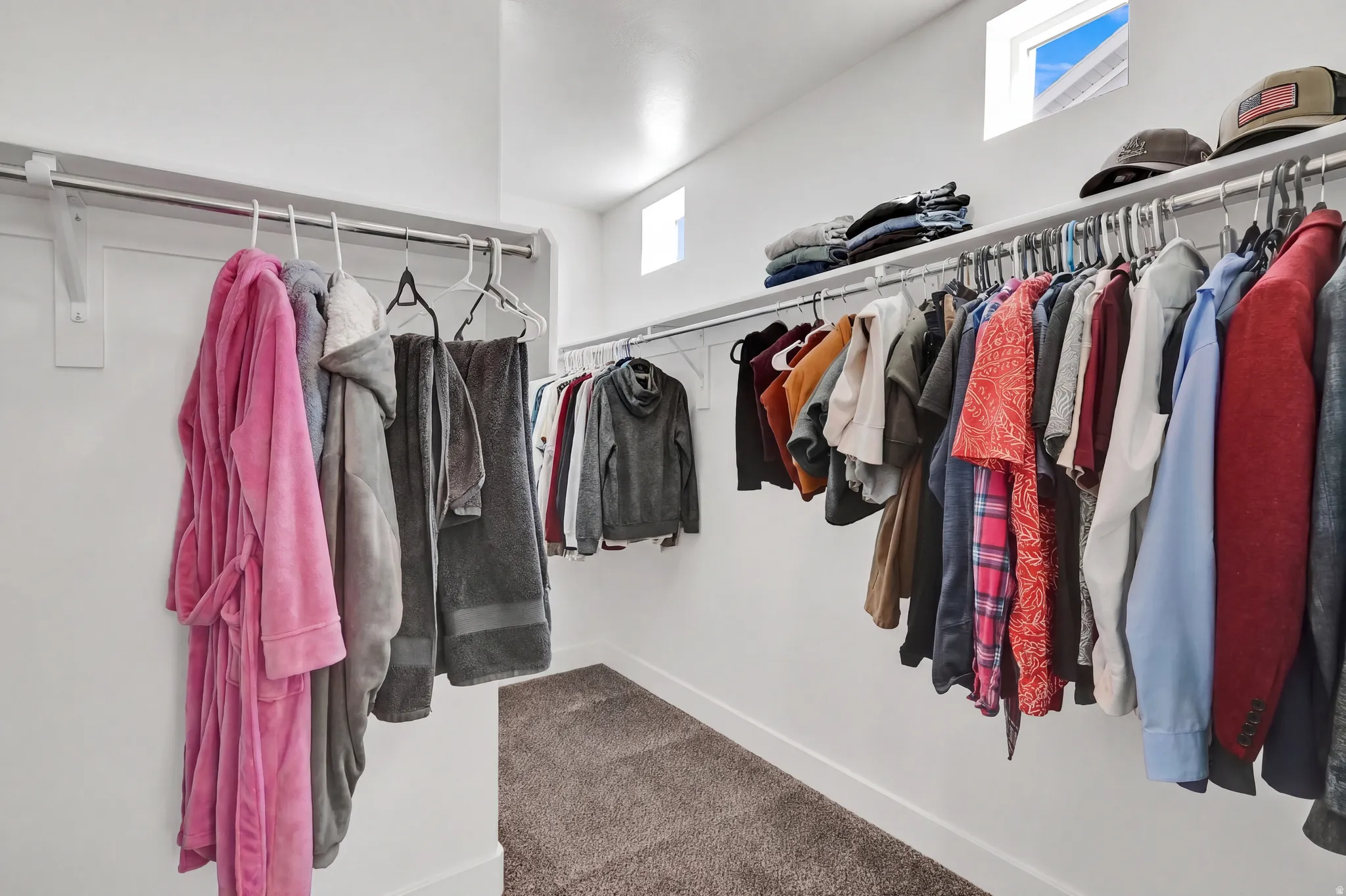 Large Walk-in closet featuring built ins, shelves, white walls, recessed windows, wall-mounted hanging rods, and a carpeted floor
