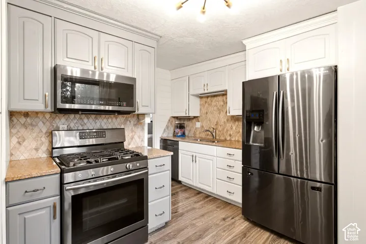 Kitchen featuring shaker-style cabinetry, stone-finish countertops, a decorative tile backsplash, stainless steel appliances, and wood-finish flooring