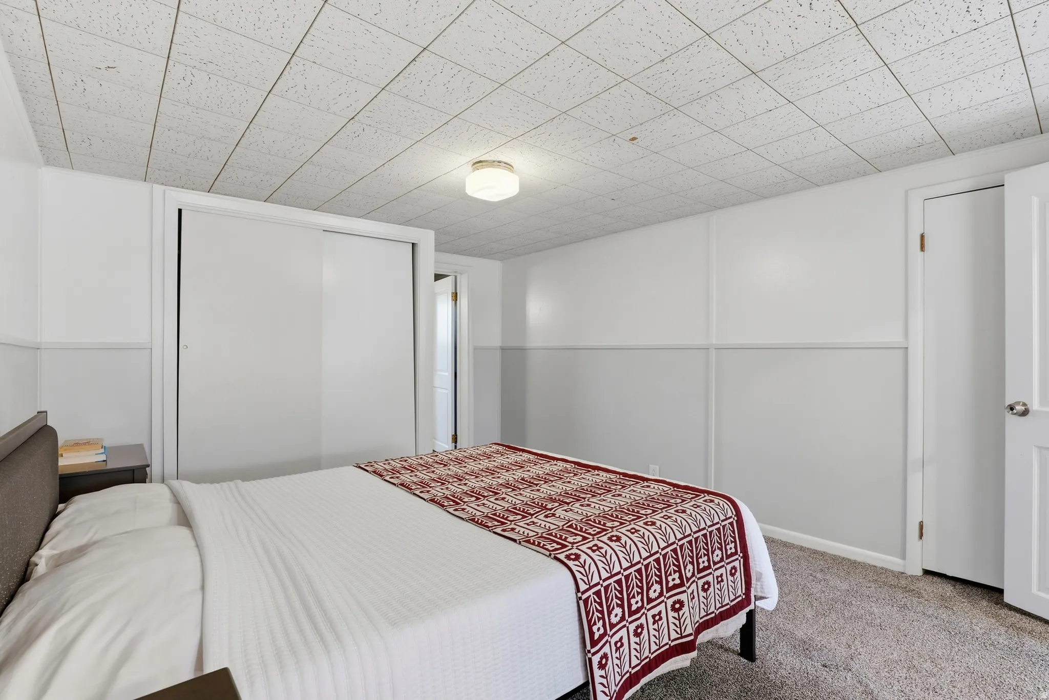 Interior room featuring paneled walls, light-colored carpeting, a drop ceiling, and a flush-mount ceiling light fixture