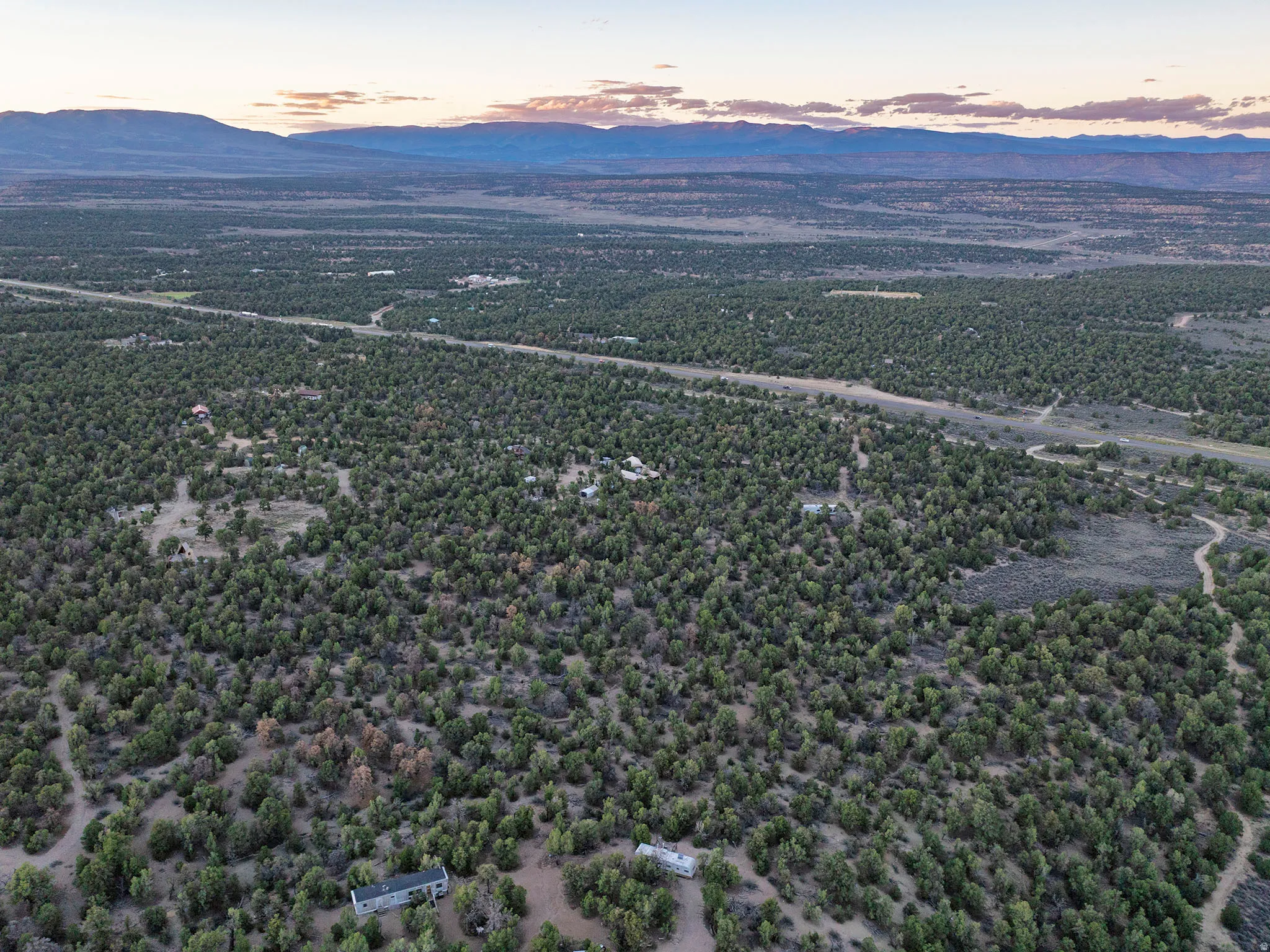 Expansive arid landscape featuring scattered evergreen trees and distant mountain ranges