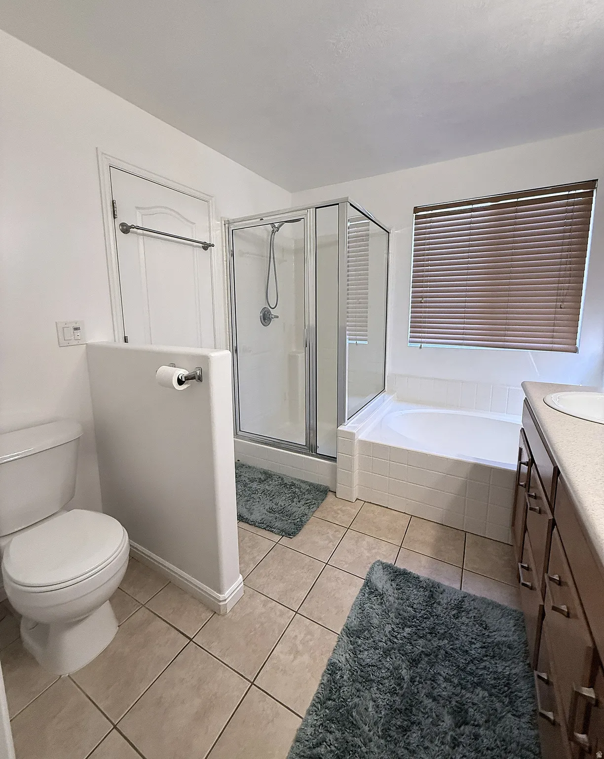 Tile flooring with a built-in shower, a separate built-in bathtub, and a vanity with an integrated sink
