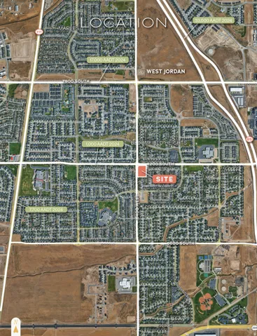 Location Map. Indicating the geographic placement of the property within West Jordan, with surrounding roads and average annual daily traffic (AADT) projections