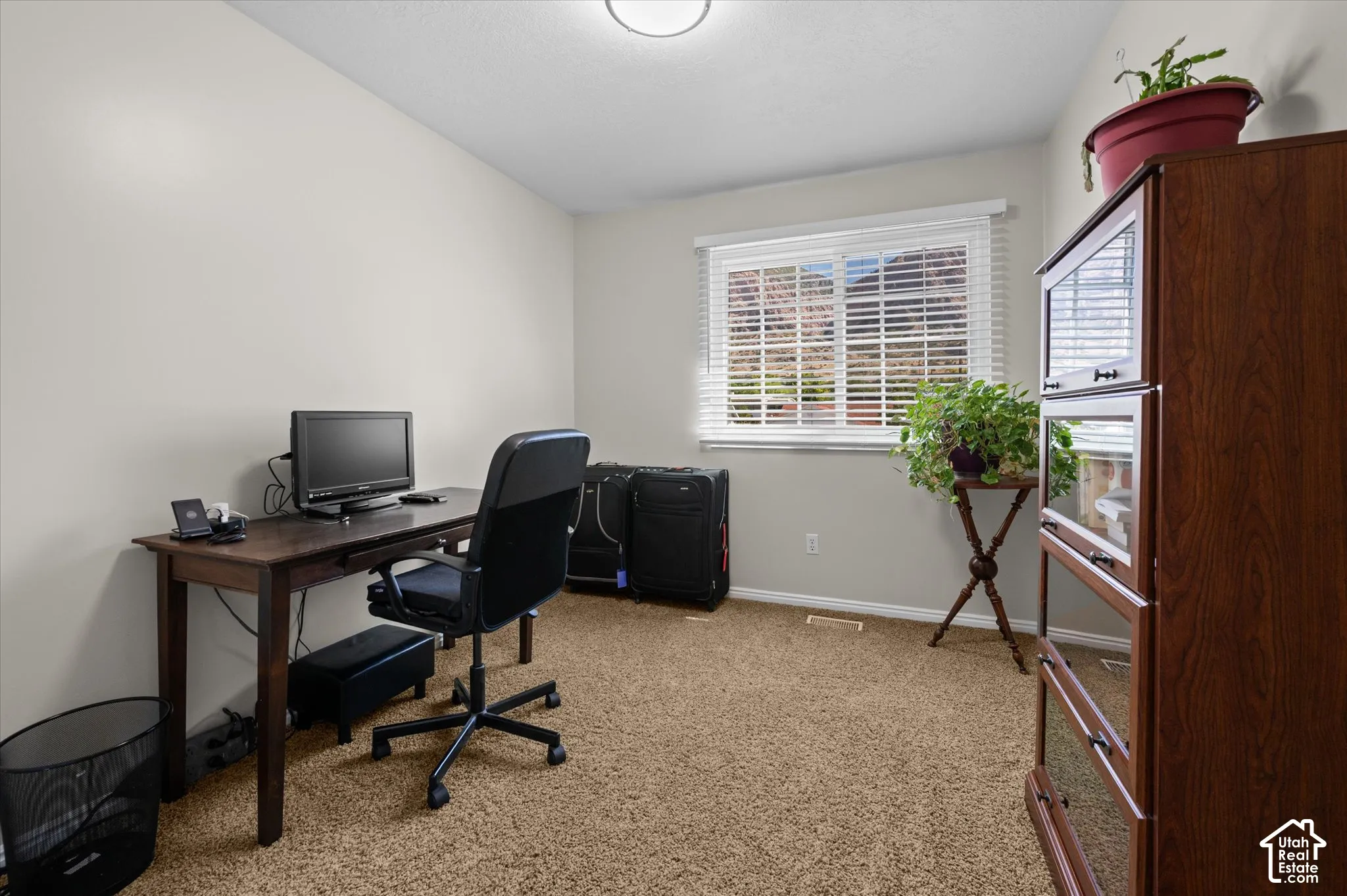 Neutral tone walls, window with blinds, carpeted flooring