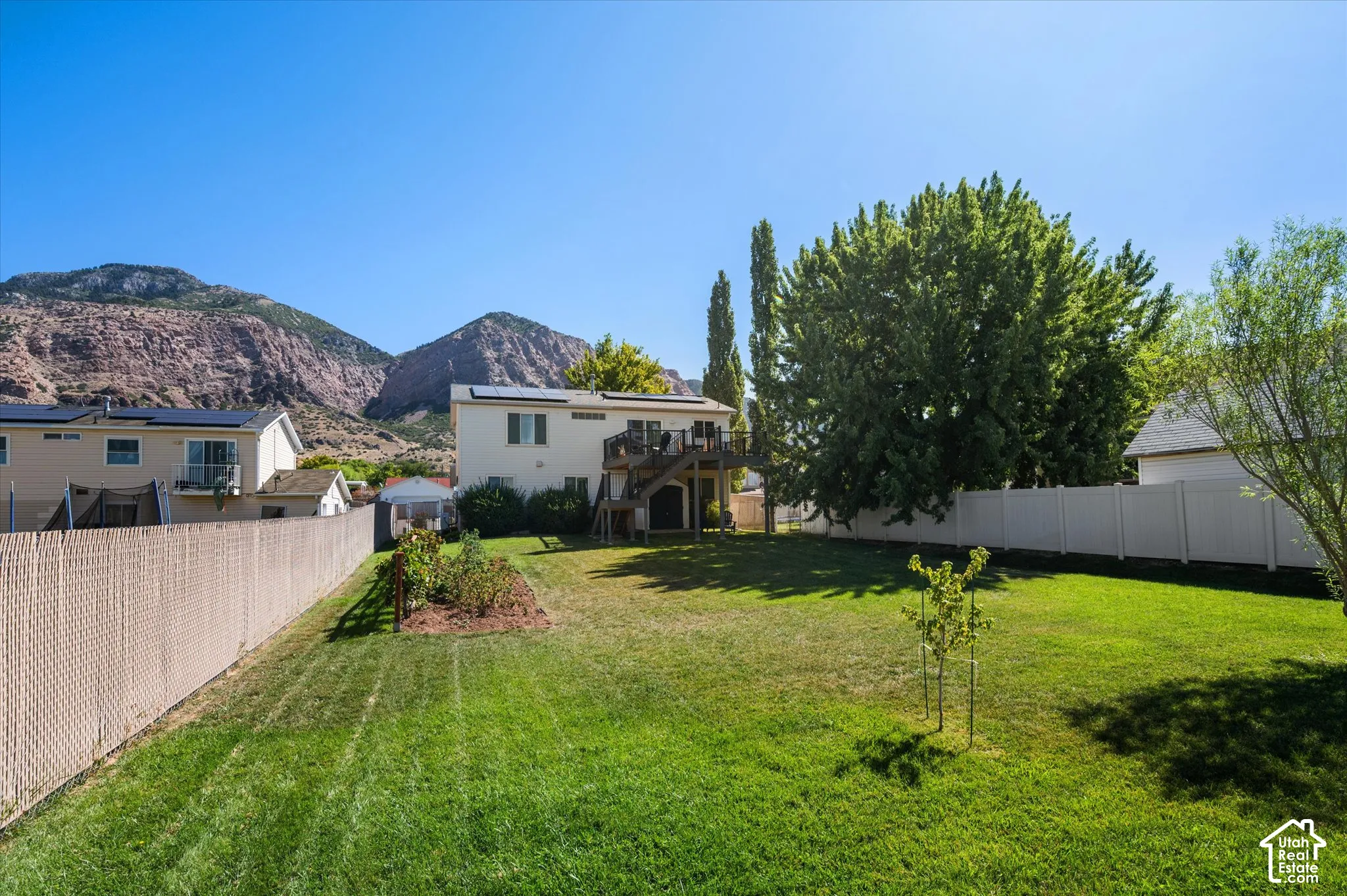 Expansive green lawn with mature trees and a privacy fence