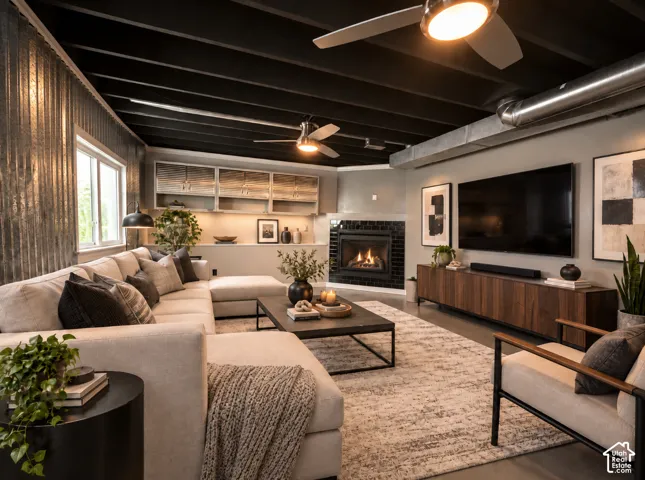 Corrugated metal accent wall, exposed ceiling beams, built-in fireplace with tile surround, Virtually staged as second family room