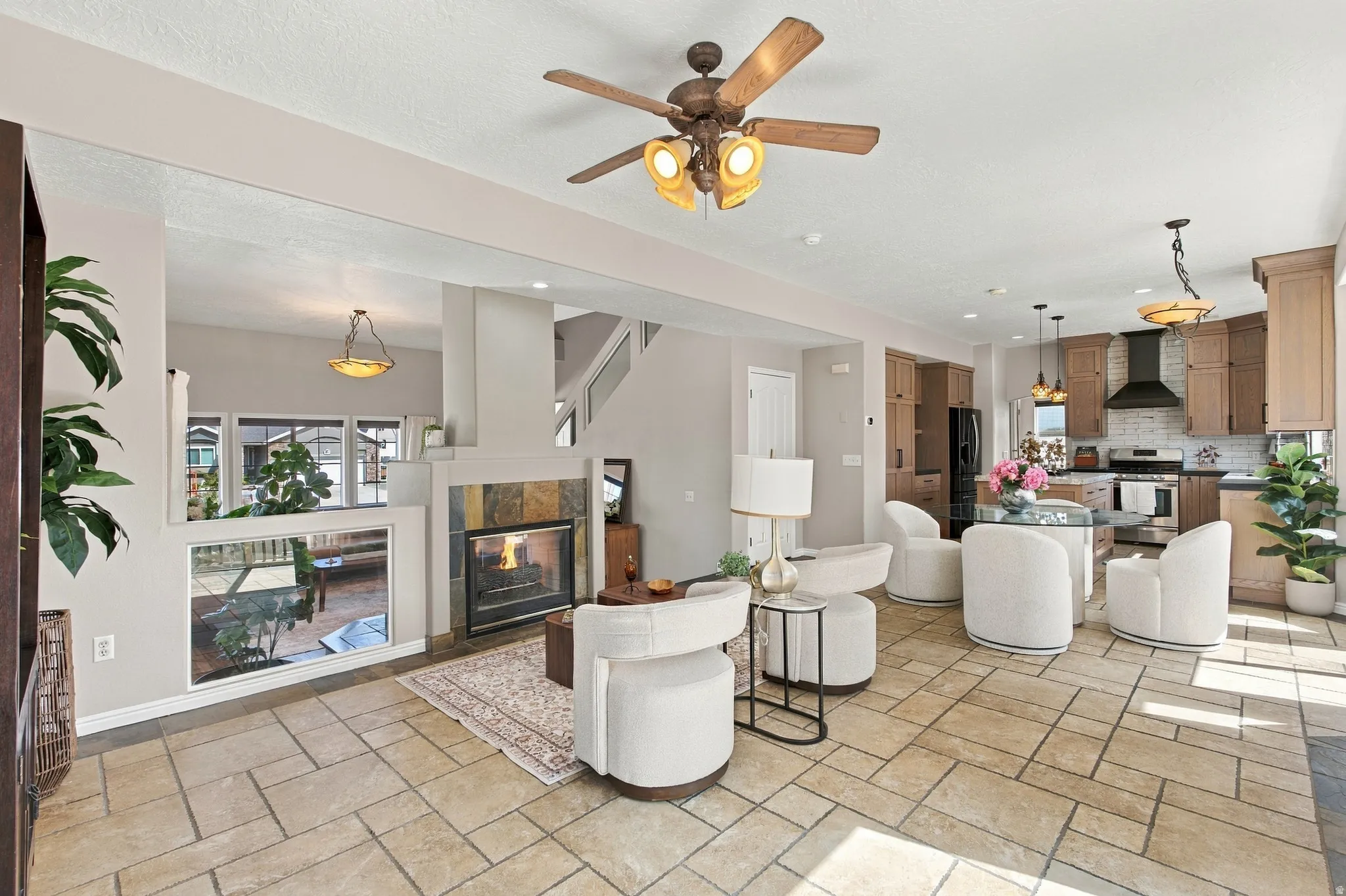 View of open concept living, family, dining area and kitchen.
