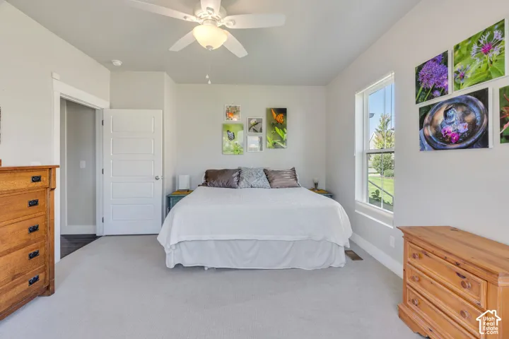 Carpeted room with a ceiling fan, white paneled door, and a single window