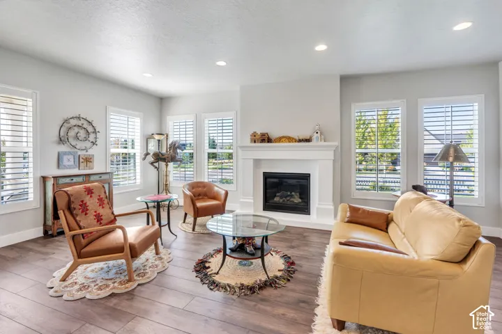 Recessed lighting, a fireplace with a classic mantel, multiple windows with plantation shutters, and wood-finish flooring