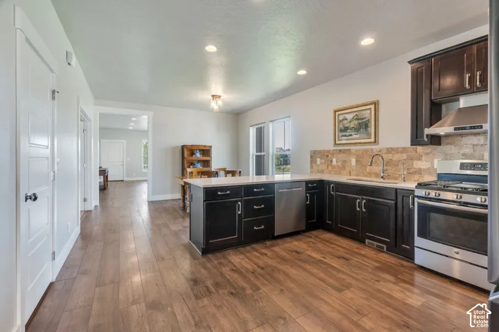 Kitchen featuring wood-finish flooring, dark wood cabinetry, light-toned countertops, a tile backsplash, and stainless steel appliances