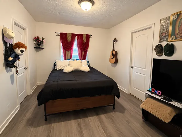 Neutral wall paint, wood-finish flooring, ceiling-mounted light fixture, two paneled doors, and a window with curtain rods