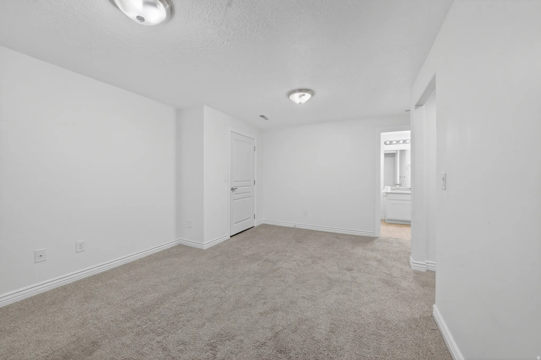 Recessed ceiling light fixtures, neutral wall color, and carpeted flooring