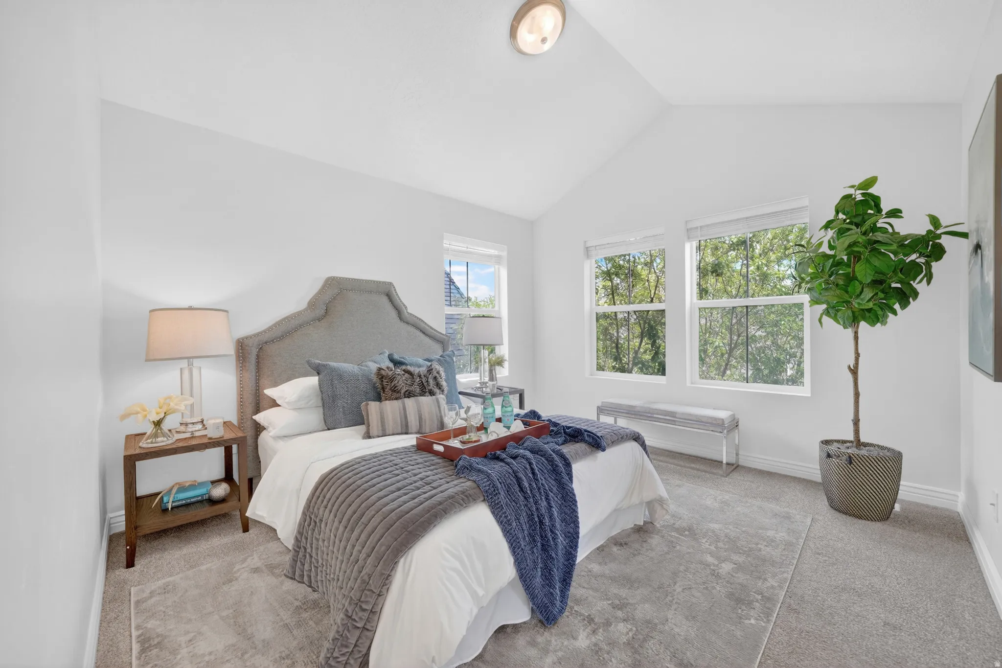 Vaulted ceiling, dual windows, plush carpeting, upholstered headboard, and a built-in light fixture