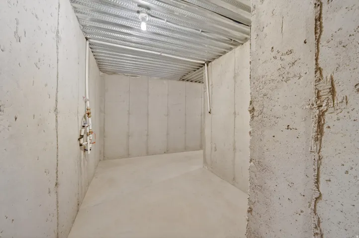 Unfinished space featuring concrete walls and flooring, exposed ceiling joists, and visible plumbing rough-ins