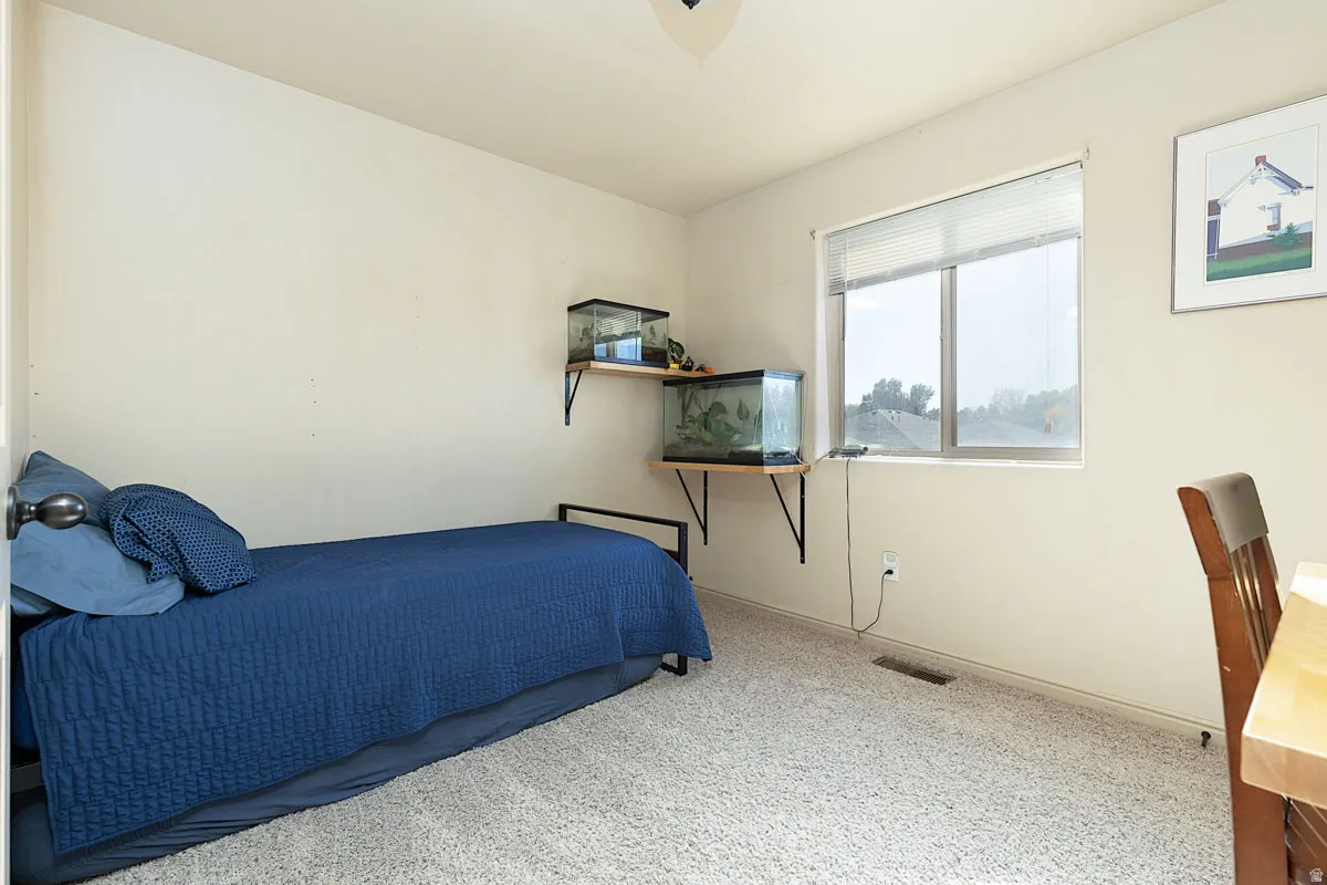 Neutral-toned walls complement the light-colored carpeting