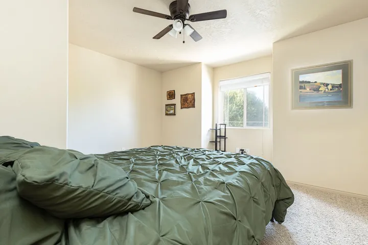 Recessed window offering natural light, textured ceiling, ceiling fan with integrated lighting, and neutral-toned wall paint