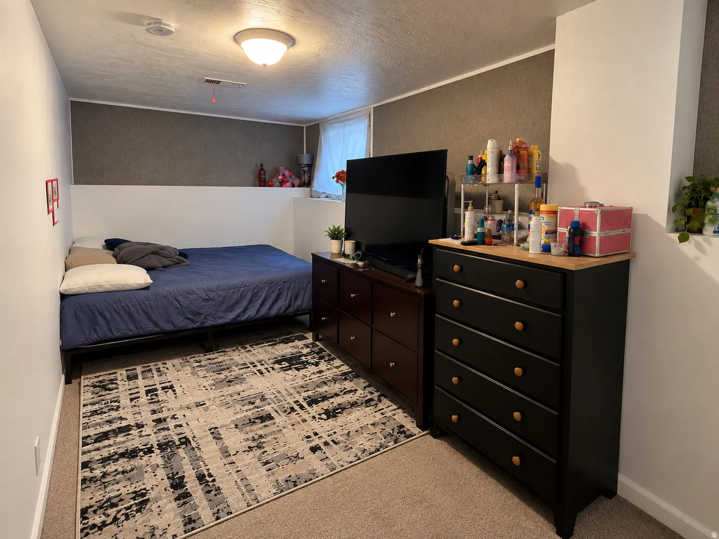 Carpeted room with a ceiling-mounted light fixture, half-height white wall paneling, and a single window with white blinds