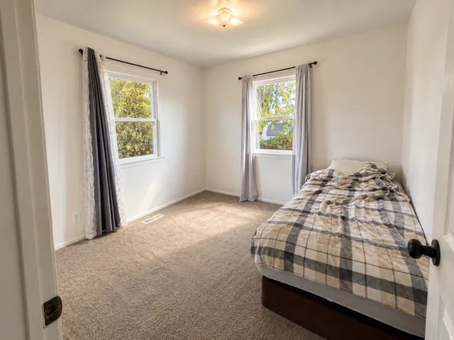 Neutral wall paint, two single-hung windows, and a flush-mount ceiling light fixture
