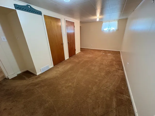 Carpeted room with two wood-panel doors, neutral painted walls, and a window