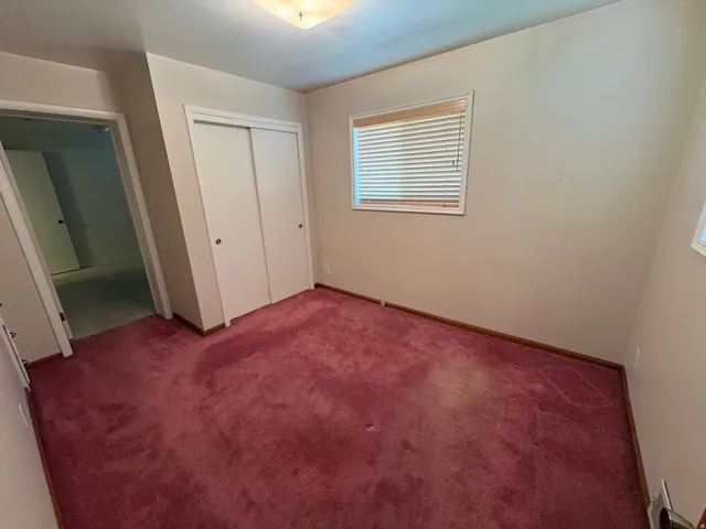 Room with wall-to-wall carpeting, a window with blinds, and a closet with sliding doors
