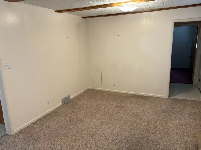 Carpeted flooring, paneled walls, ceiling-mounted light fixture, and exposed ceiling beams