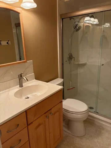 Bathroom featuring a wood vanity with integrated sink, a walk-in shower with glass enclosure, and overhead vanity lighting
