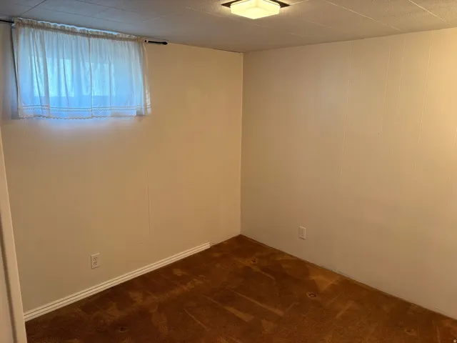 Recessed window with white trim, wall-mounted light fixture, light-colored paneled walls, and brown carpet flooring