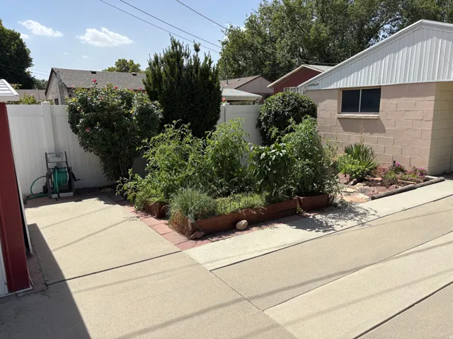 Paved concrete surface with raised garden beds and mature perimeter landscaping