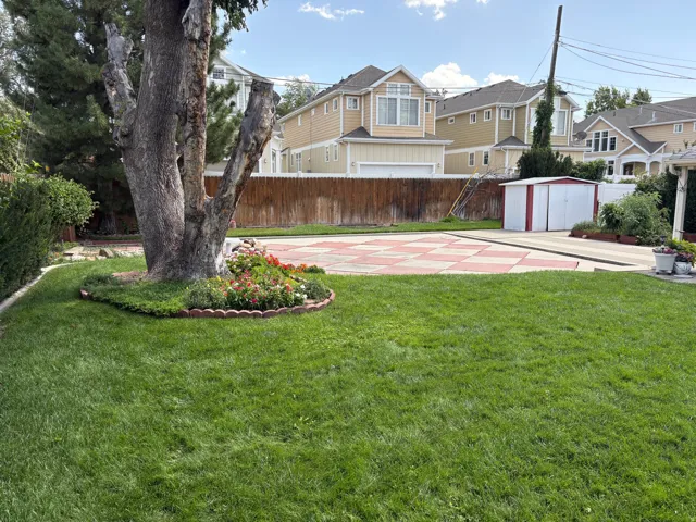 Expansive backyard featuring a manicured lawn, checkerboard patio, mature tree with decorative planting, and a storage shed