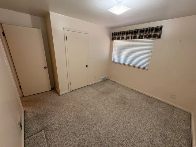 Carpeted room featuring a window with blinds, a ceiling-mounted light fixture, and two interior doors