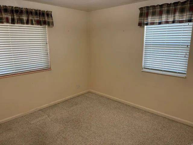 Neutral wall color, two windows, horizontal window blinds, and carpeting