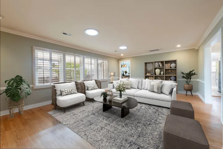 Hardwood-finish flooring, recessed lighting, crown molding, plantation shutters, and built-in shelving
