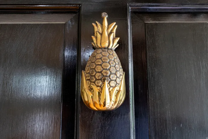 Black paneled door featuring a brass pineapple knocker