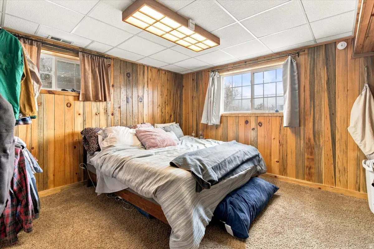 Wood-paneled walls with two windows, textured carpet, and a drop ceiling with recessed lighting