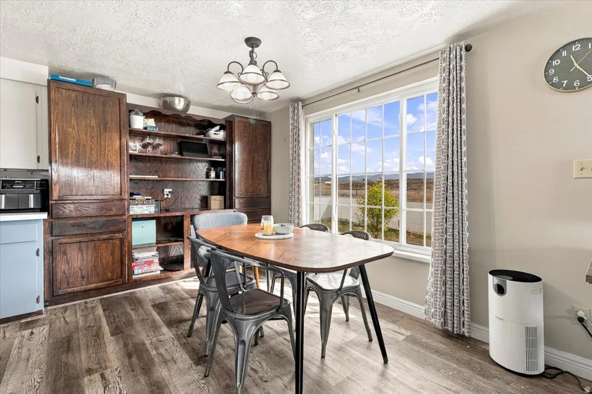 Hardwood-finish flooring, built-in shelving, multi-panel window, and an attached ceiling light fixture