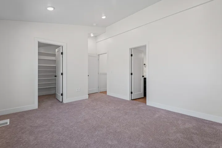 Recessed lighting, light-toned carpeting, white walls, multiple doorways, and built-in shelving