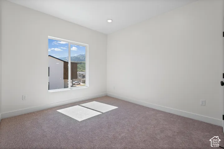 Neutral wall tones, recessed ceiling lighting, and soft pile carpeting