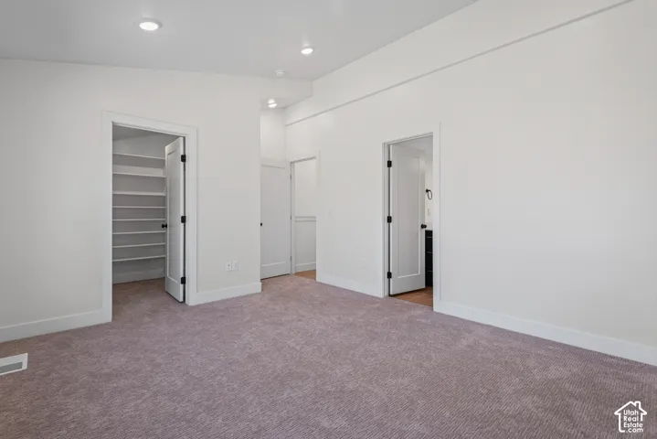 Recessed lighting, light-toned carpeting, white walls, multiple doorways, and built-in shelving