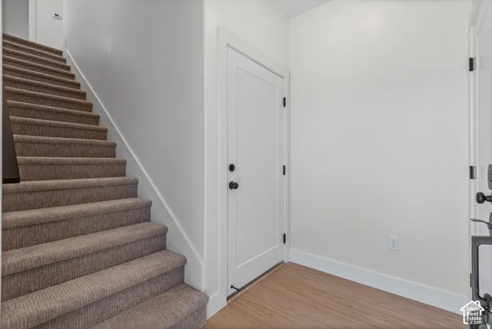Carpeted staircase, wood-finish flooring, white walls, white doors, and black door hardware