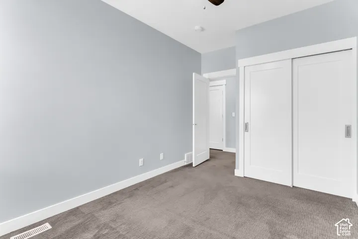 Plush grey carpeting, light blue wall finishes, white trim, and sliding white doors with recessed pulls